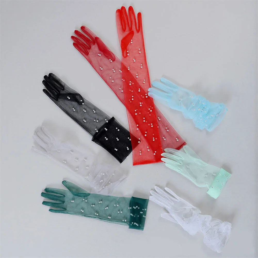 

Long Elbow Mittens Mesh Arm Wedding Gloves Party Bridal Dress Accessories Photo Props Summer Transparent Vintage Pearls Gloves