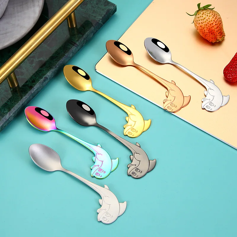

Rainbow Color Coffee Tea Smile Dolphin Spoon Ice Cream Dessert Spoons 304 Stainless Steel Tableware Kitchen Supplies