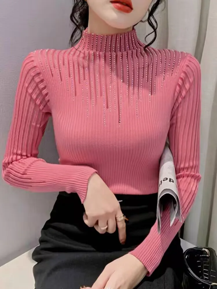 Полосатый комплект с бриллиантами женский осенне-зимний пуловер футболка