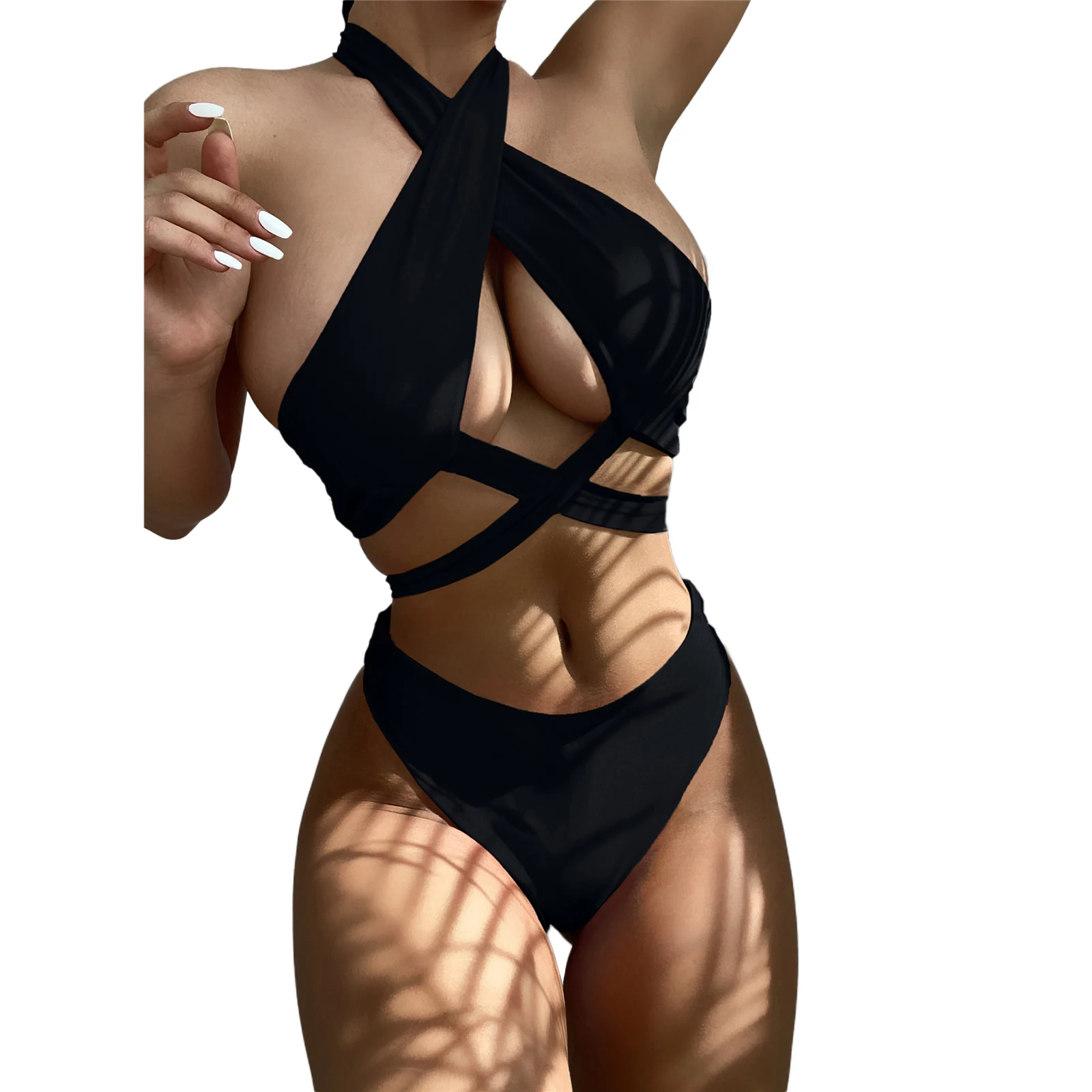 

Ladies Swim Sling Split Sexy Halter Tie Swimsuit Bikini Top + Briefs Solid Color Cross Strap Summer Outfit