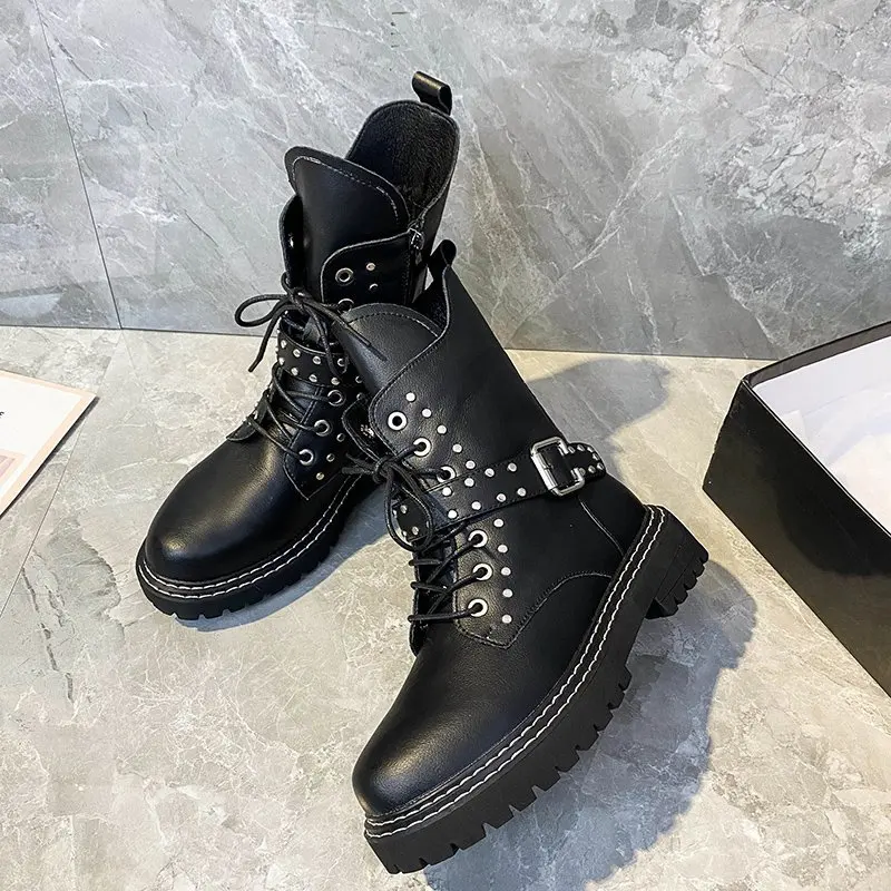 2022 Leather Women's Platform Ankle Boots Fashion Lace-up Platform Women's Shoes Buckle Belt Ladies Casual Punk Rivet Boots