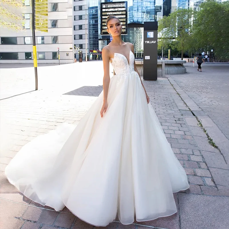 

Luxury Shining Wedding Dress Organza With Embroidery Ball Gown Train O-neck Full Sleeve ​bridal Gowns Lace Up Robes De Mariée