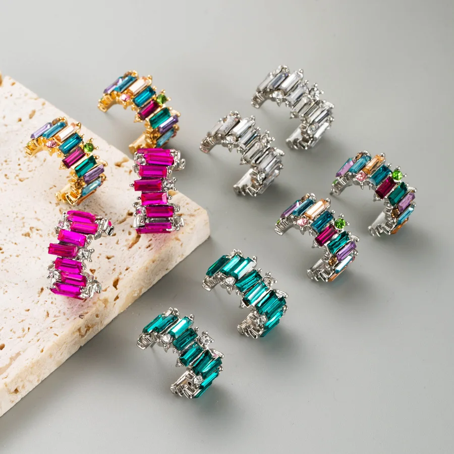 

5 Colors Shint Crystal Glass C Cuff Stud Earrings Girl Women's Geometric Stud Earrings Wedding Party Jewelry