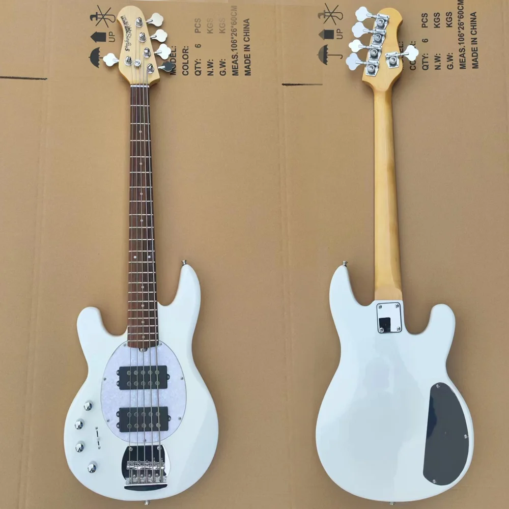 

China Musical Guitar Customized White Color 5String Active Pickup Electric Bass Guitar