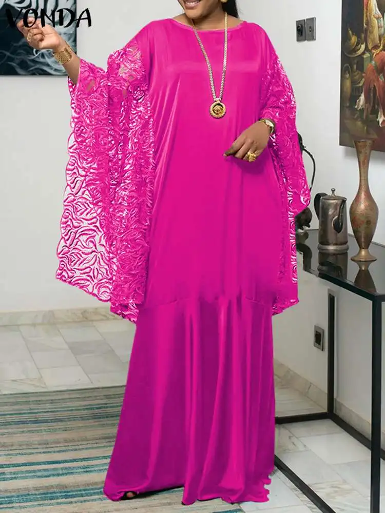 

Women Fashion Dress 2022 VONDA Vintage O Neck Pleated Long Maxi Dresses Sexy Lace Sundress 3/4 Sleeve Ruffled Vestido Robe Femme