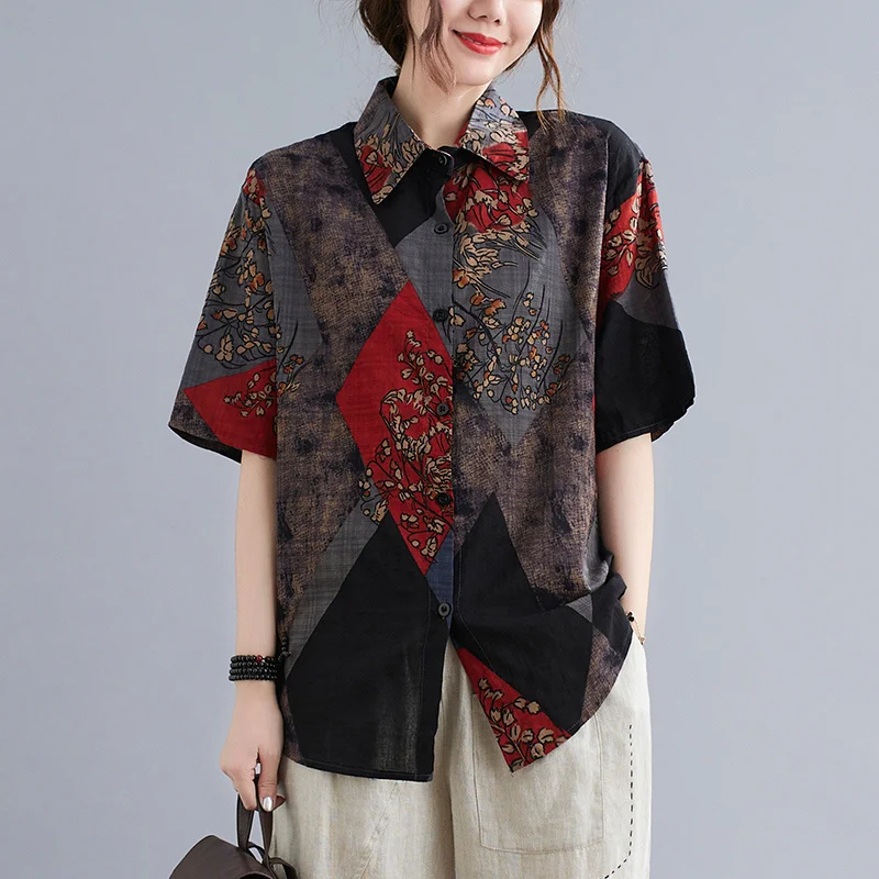 

#2935 летние рубашки с коротким рукавом, женские тонкие свободные винтажные рубашки, женская хлопковая льняная блузка с принтом, женские одно...