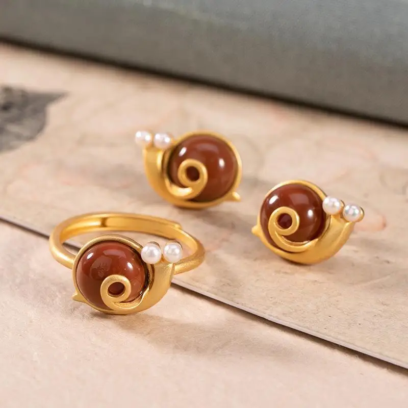 

Ancient Style Gold-Wrapped Silver South Red Cute Little Snail Pearl Ear Stud Pendant Necklace Set Chinese Style Open Ring for Wo