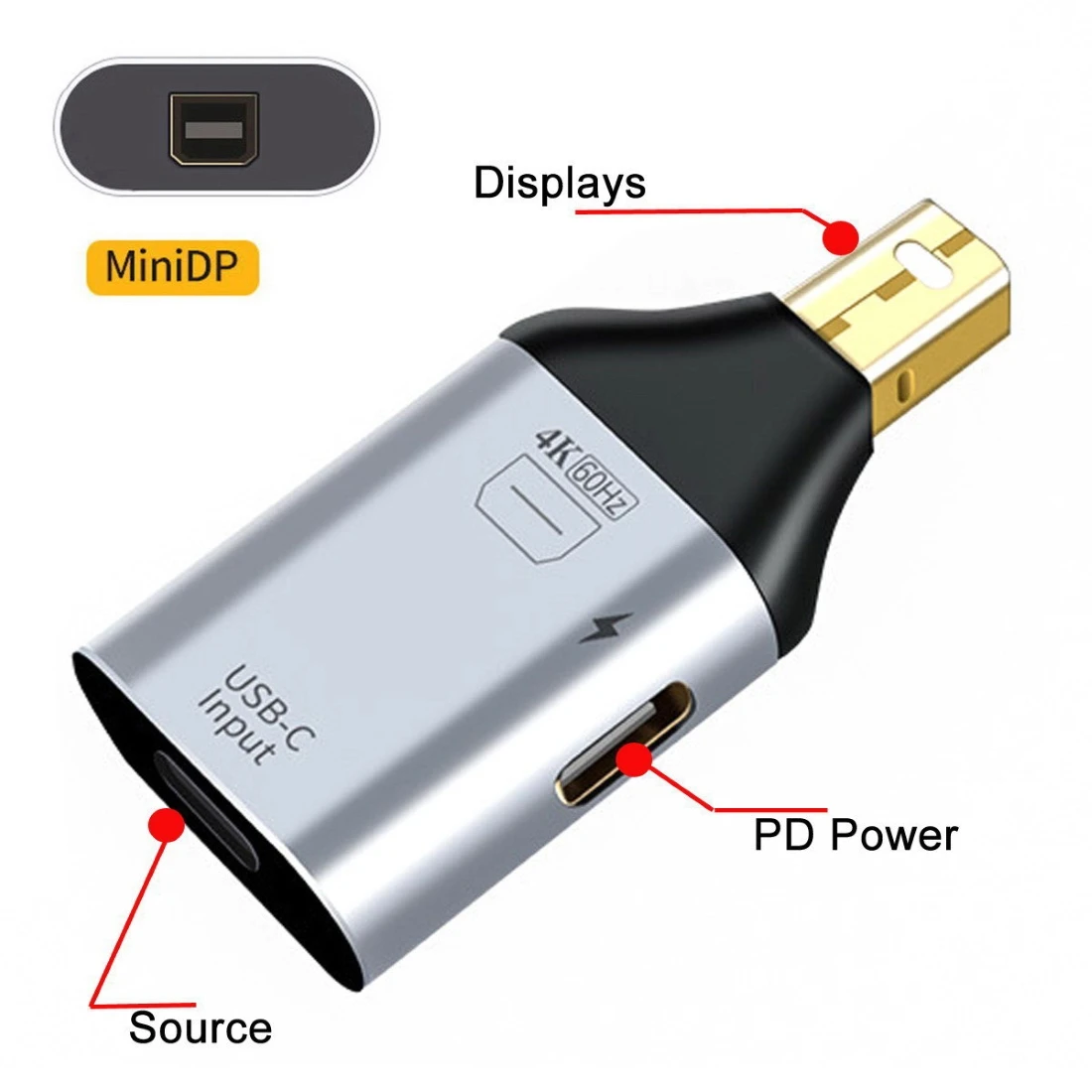 

Chenyang Type-C USB-C Source Input to Mini Displayport DP Output HDTV 4K 60hz 1080P Adapter with PD Power Port for Phone &Laptop