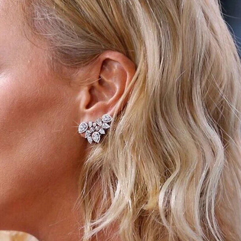 

Cute Silver Color Statement Flower Stud Earrings Jewelry with CZ Zirconia Crystal Ear Stud for Women Wedding Gift