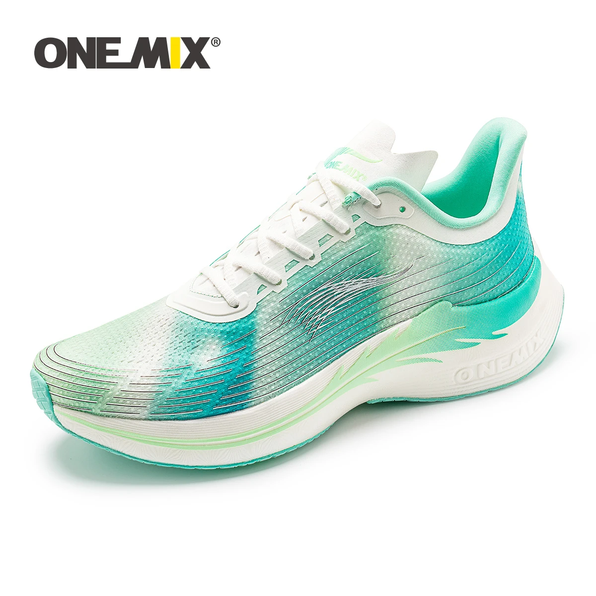 ONEMIX Marathon 2023 Men Running Shoes Green Breathable Soft Carbon Fibre Plate Women Sneakers Lace Up Mesh Athletic Sport Shoes