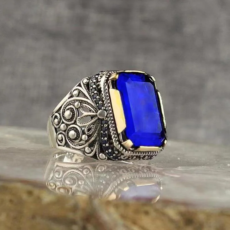 

Exquisite Vintage Business Men's Blue Cubic Zirconia Ring Groom Wedding Engagement Anniversary Gift Party Jewelry