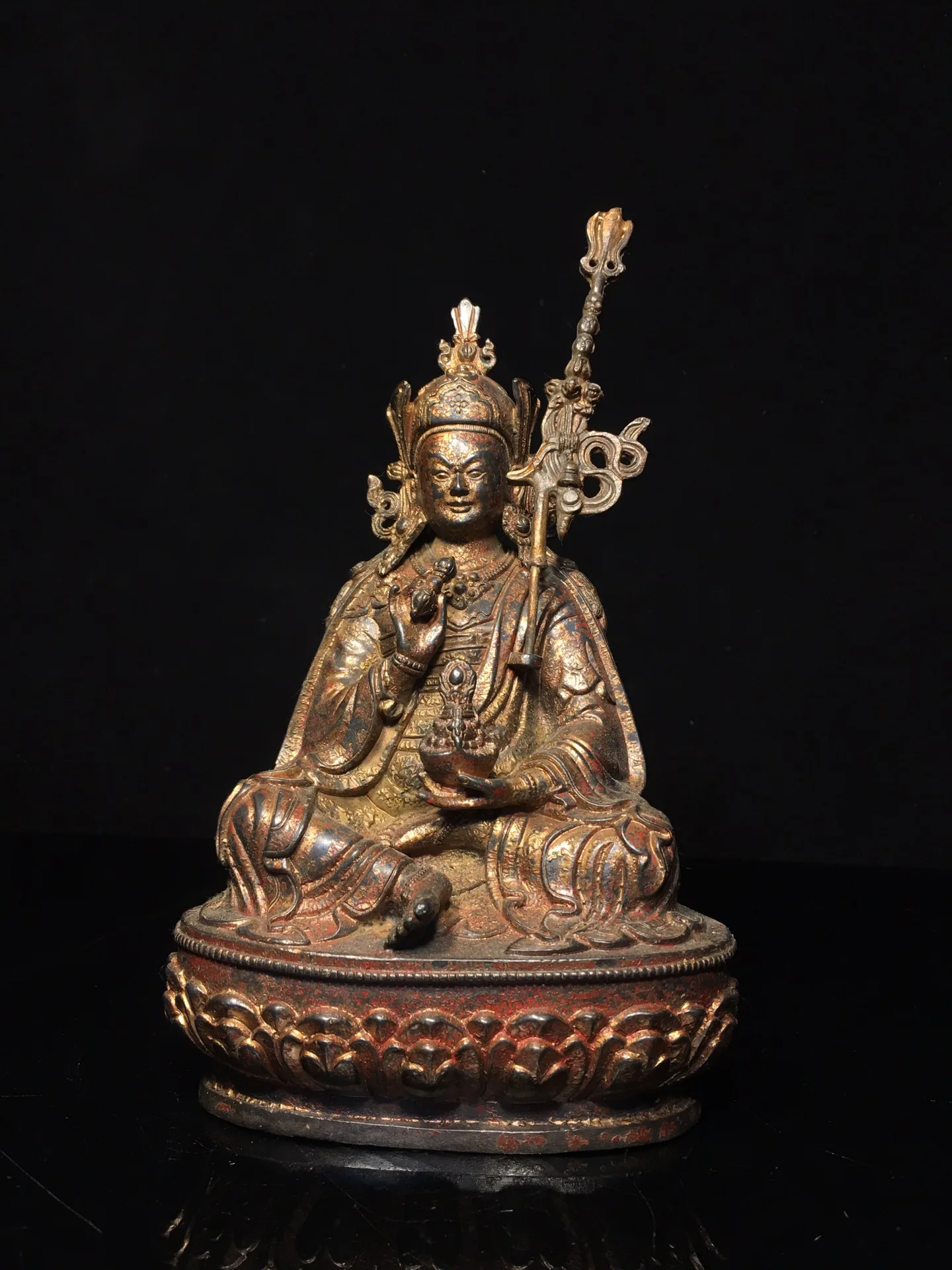 

8"Tibetan Temple Collection Old Bronze Cinnabar Gilded Guru Rinpoche Padmasambhava Sitting Buddha Worship Hall Town house