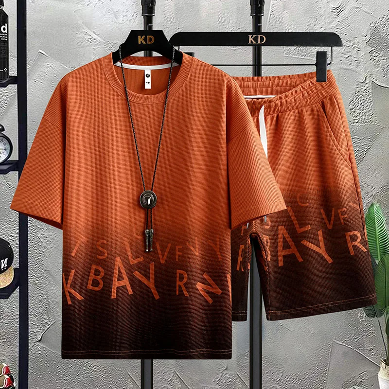 

New Ice Silk Summer Huafer Short -Sleeved T -shirt Men's Loose Half -Sleeved Men's Set Of Gradient Color Set