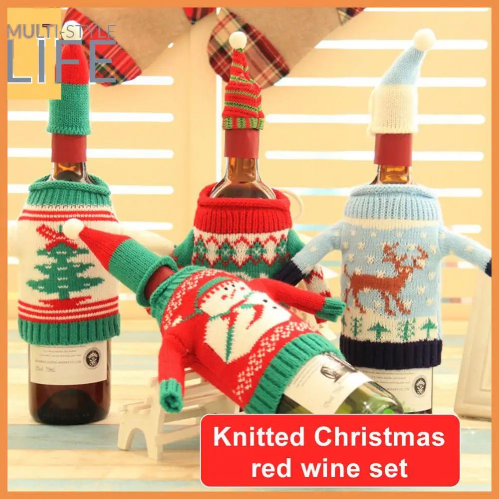 

High-end Christmas Hair Ball Bowknot Wine Bottle Cover Elk Elderly Snowman Knitted Wine Set Decor Xmas Gift New Year For Home