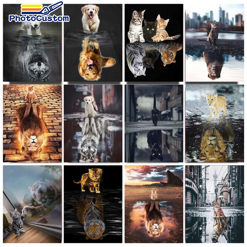 

PhotoCustom DIY Painting By Numbers Kits Reflections of Animals Acrylic Paint By Numbers For Adults Pictures Modern Wall Home De