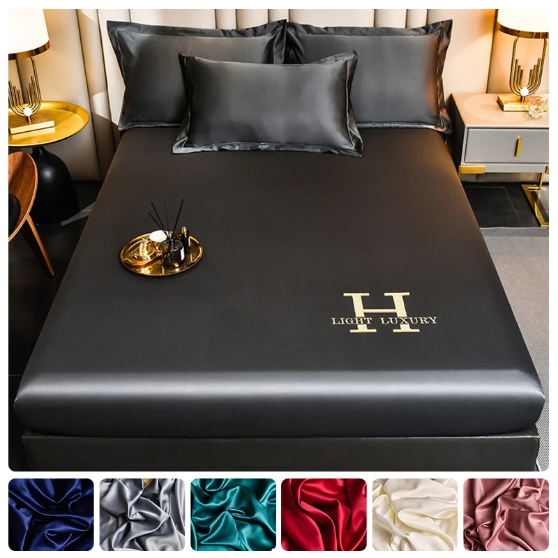 

Satin Silk Fitted Bed Sheet Solid Color Elastic Washable Bedspread Ice Cool Summer Mattress Cover 180x200 For Home Bedroom Decor