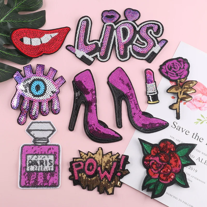 

Sequin Embroidered Patches Red Lip High Heels Perfume Rose Lipstick Patch Iron on Appliques DIY Stickers for Women's T-shirt