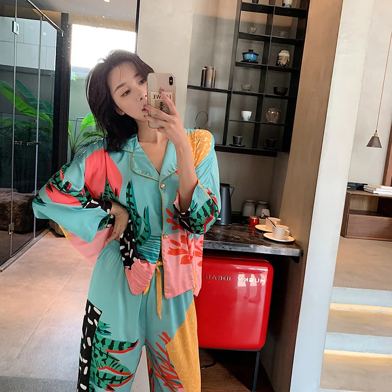 Autumn New Plant Print Satin Pajamas Set Women's Home Wear Long Sleeve Elastic Waist Temperament Sleepwear Two Piece Pajama Set