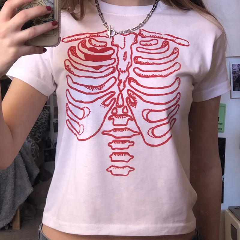 

The Chest Skeleton Funny Cropped Tops Women Cotton Witch Goth Punk Clothes Spooky Cool Grunge Crop T Shirt Pumpkin Tops 90s Tee