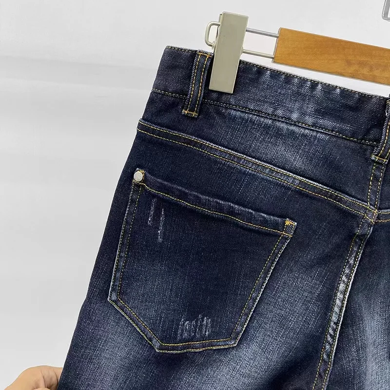 23SS New Stretch Jeans For Men New Autumn Spring Solid Classic Pants Slim Wear and Tear Motorcycle Jeans Denim Pants