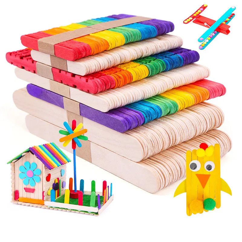 50Pcs Wooden Popsicle Sticks Natural Wood Ice Cream Sticks Creative Kids Puzzle DIY Hand Crafts Art Ice Cream Lolly Cake Tools