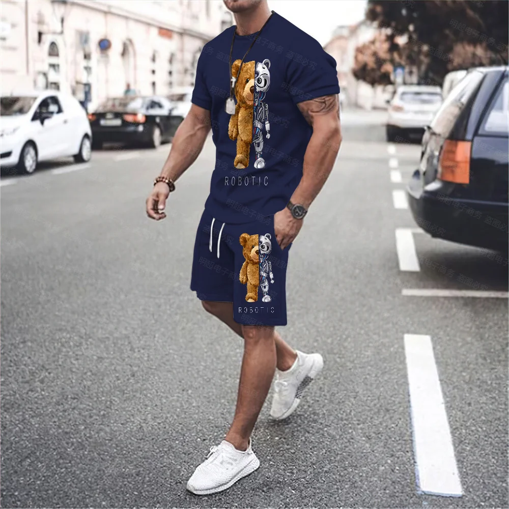 Cute Bear Men's O-Neck Casual T-Shirt Drawstring Shorts Sports All-Match Fitness Street Age-Reducing Style Plus Size Suit