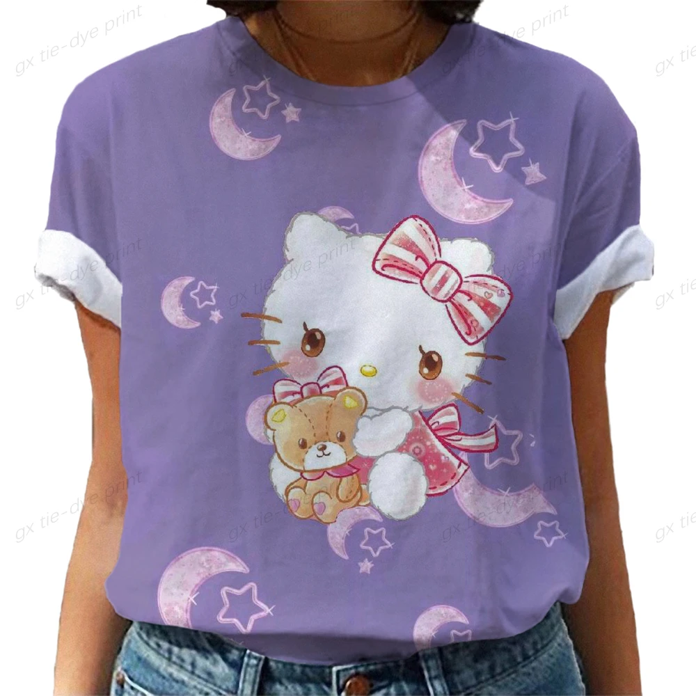 

Футболка женская с принтом Hello Kitty, Повседневная рубашка с коротким рукавом, топ для отдыха, повседневная одежда оверсайз, на лето