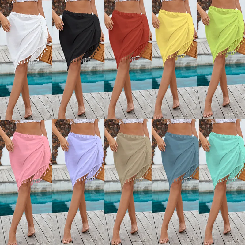 Women Beach Sarong Summer Sexi Mesh Beachwear Sexy Bikini Cover Ups With Tassles Short Wrap Pareo Type See Through Skirt Scarf