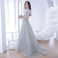 luxury off the shoulder long evening dress feather illusion mesh prom party gown sequined lace up small trailing banquet dresses