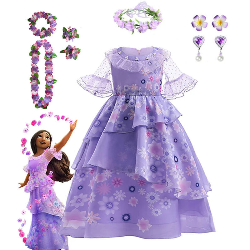 Kostum Disney Encanto Gaun Putri Cocok dengan Jimat untuk Anak Perempuan Cosplay Karniela Karnival Pakaian Pesta Ulang Tahun Natal