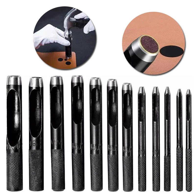 

SHWAKK 12PCS Professional Leather Puncher Black Head Bright Punch 1mm-10mm Cutting Belt Rubber Watch Strap Canvas Leather Craft