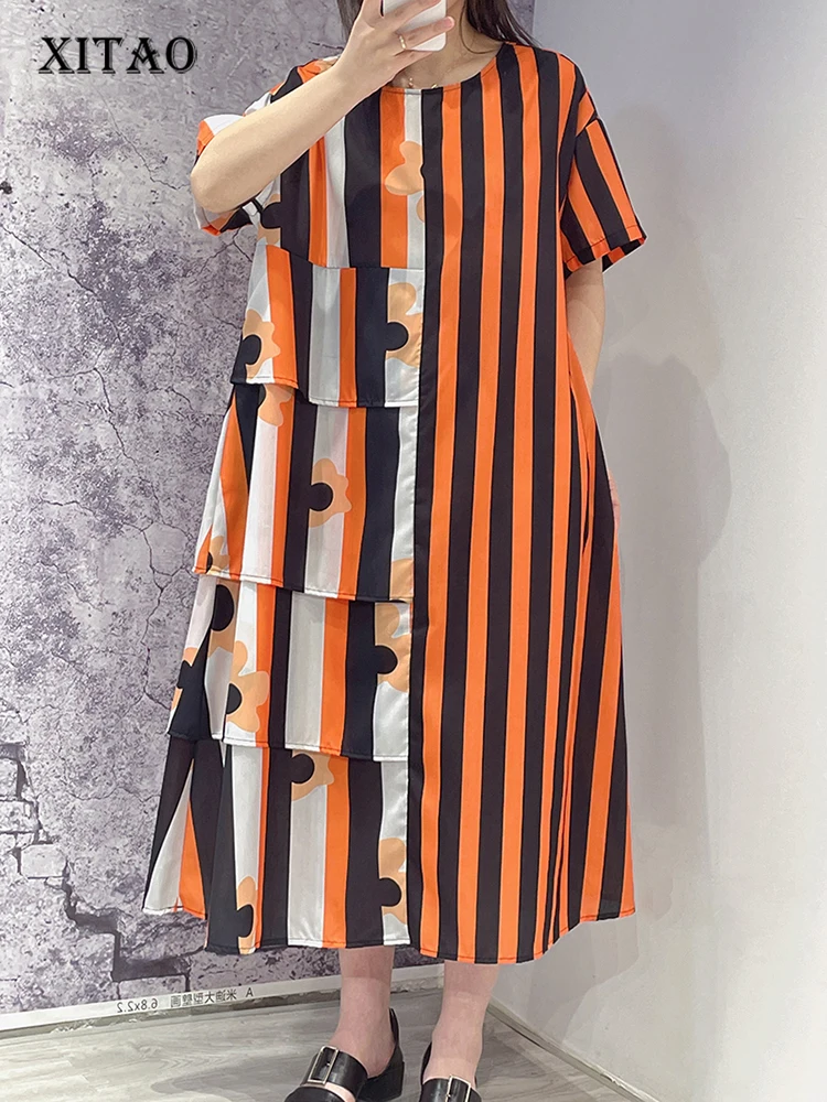 

XITAO Asymmetrical Striped Patchwork Dress Loose Fashion Contrast Color O-neck T-shirt Dress Summer Simplicity New Women ZY8453