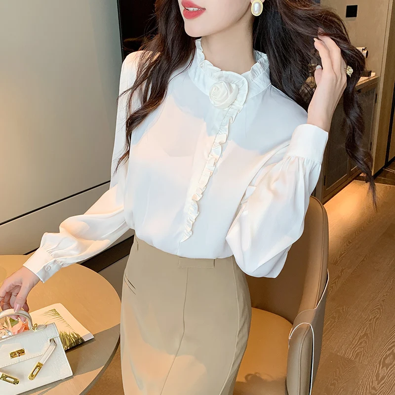 Женская шифоновая блузка с длинным рукавом оборками