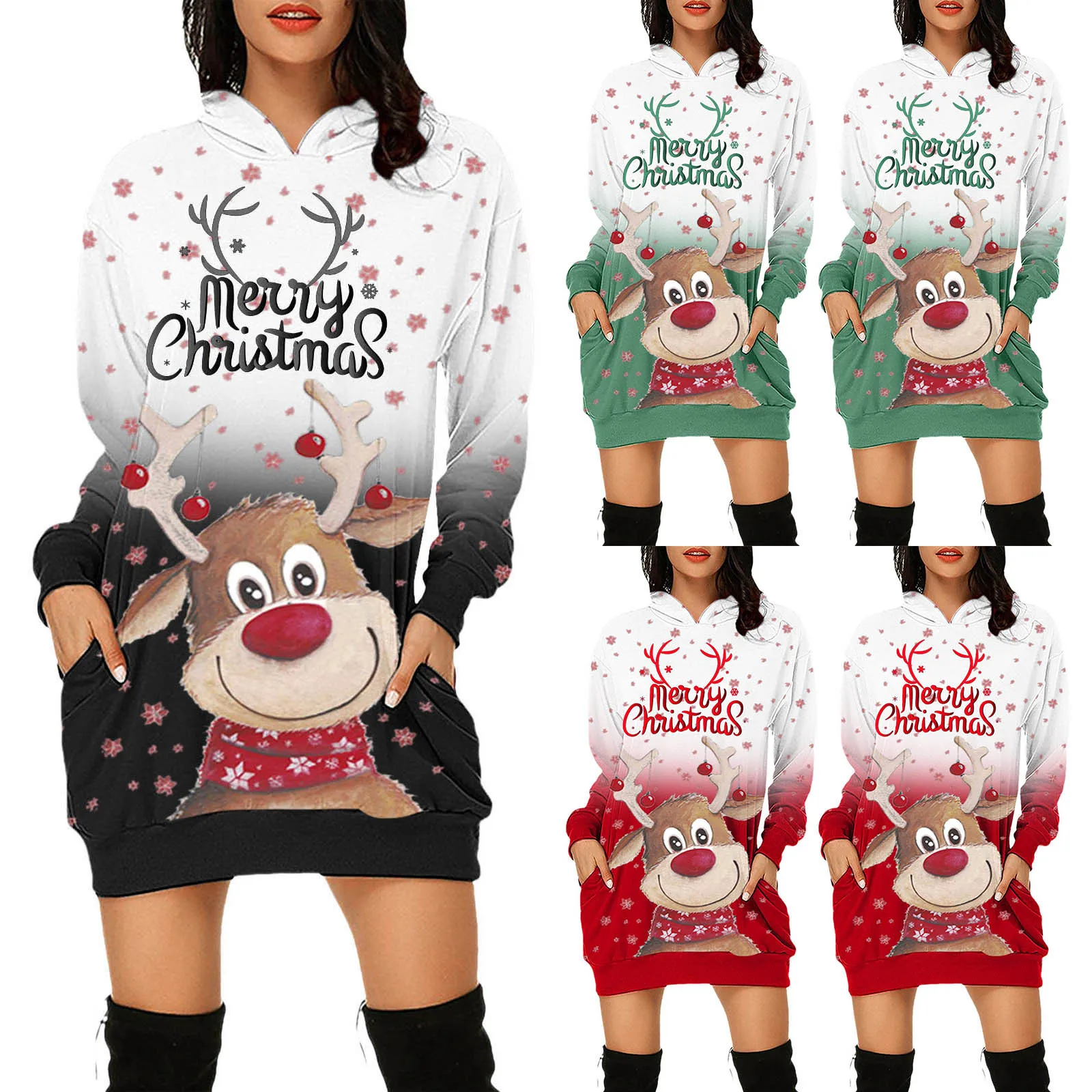 

Рождественские Платья с капюшоном, женские свитшоты, сезон осень-зима 2022, свитшоты с длинным рукавом и карманами, топы, повседневный Женский...
