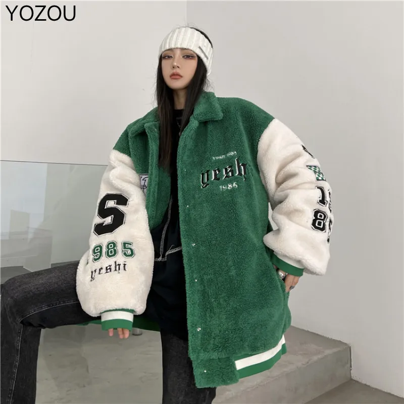 

YOZOU 2022 Women Winter Varsity Jacket Padded Coats Bomber Korean Oversize Green Black Teddy Faux Lambswool Button Up Embroidery