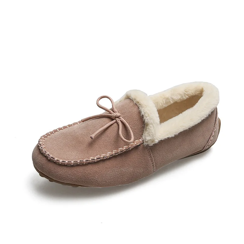 Winter Women's Cotton Shoes Warm Flat Shoes Casual Loafers Slip on Indoor Bow Plush Shoes Women Comfort Furry Shoes