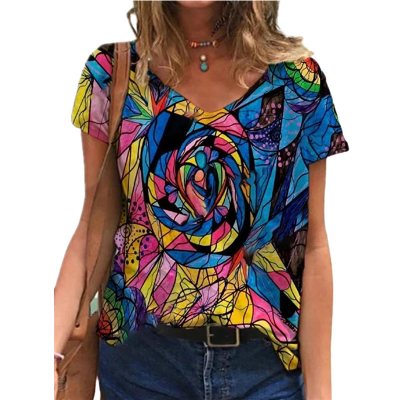 

Women Summer Pullover T Shirt Fashion Creative Geometric Pattern Print Tops Ladies Casual V-Neck Short Sleeve Plus Size T Shirt