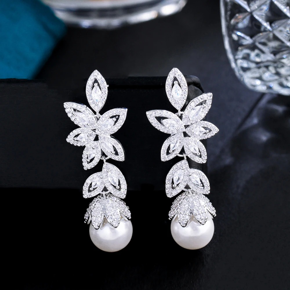 BeaQueen, необычные длинные висячие серьги в форме листьев с фианитом и жемчугом для женщин, красивые свадебные украшения для невесты E620