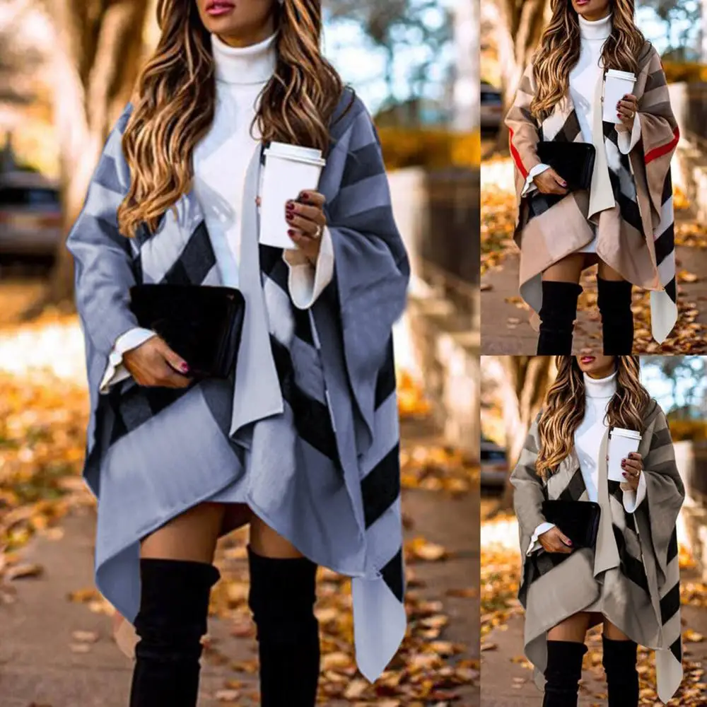 

Batwing Sleeve trip Autumn Winter Fashion Shawl Poncho Women Coat Plaid Stripes Scarf Shawl