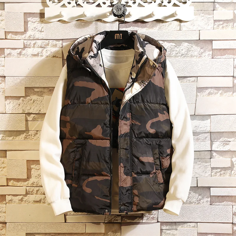 

Модная куртка без рукавов, мужской Камуфляжный жилет в стиле милитари, шапка, теплый жилет с капюшоном, зимний Повседневный жилет на молнии, одежда