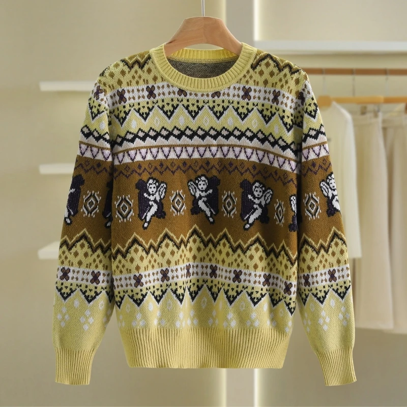 [Yi] Свободный свитер из хлопковой шерсти в стиле ретро с круглым вырезом 2024