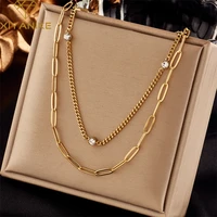 xiyanike 316l stainless steel necklace gold color double chain for women creative temperament simple punk %e2%80%8bchic jewelry collier