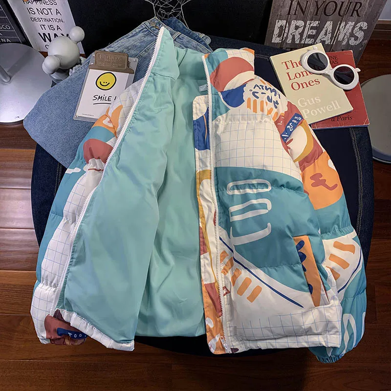 2022 New Winter Double-sided Parkas Harajuku Solid Color Print Cartoon Unisex Winter Jackets for Men Streetwear Women Coat Zip