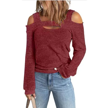 Fashion Off The Shoulder Casual T-Shirt Women 2023 Autumn Solid Loose Tees Female Cotton Long Sleeve Square Neck Tops Streetwear 4