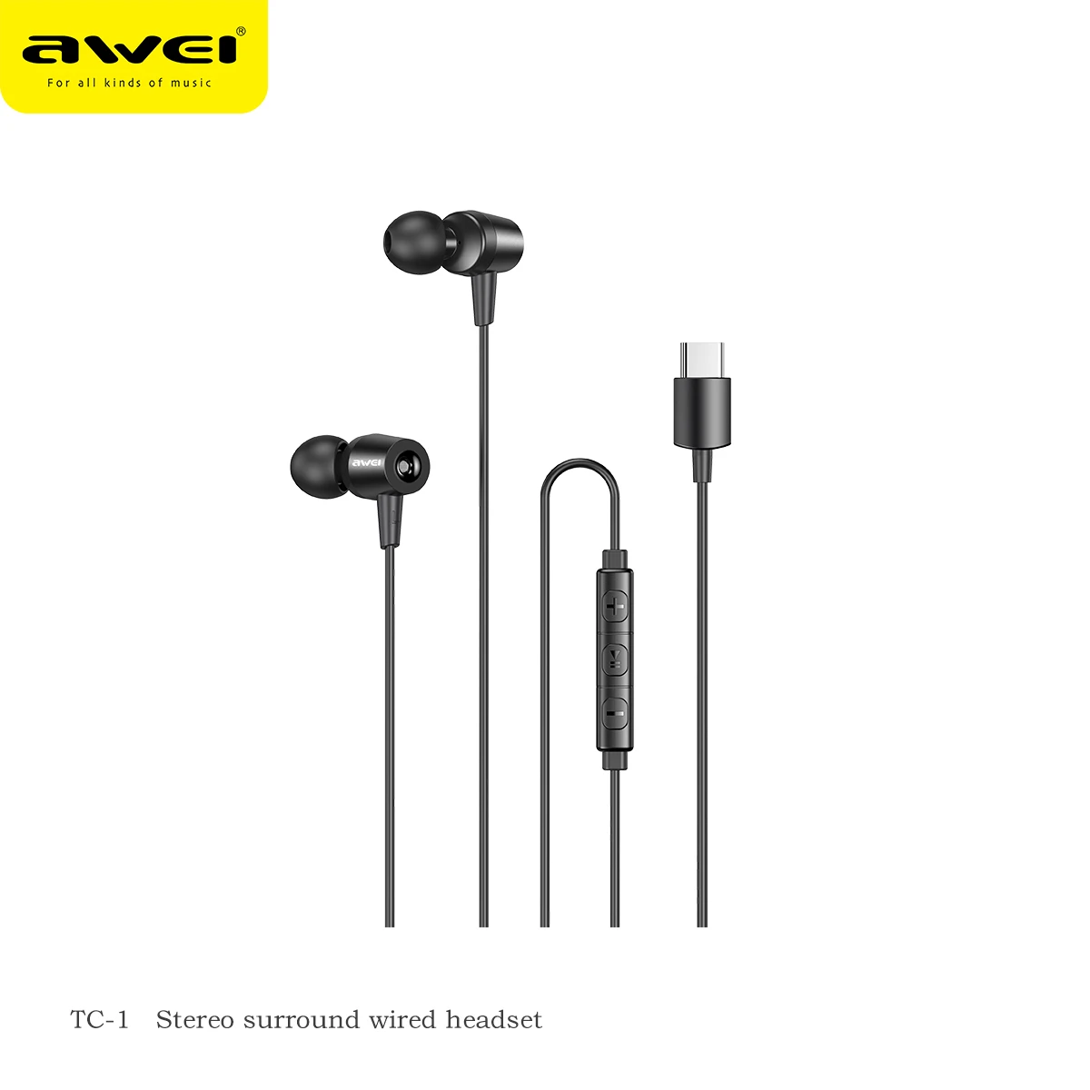 

Проводные Наушники AWEI 3,5 мм, стереонаушники-вкладыши типа C, Hi-Fi спортивные наушники 1,2 м, проводная гарнитура для микрофона, кнопки управлени...