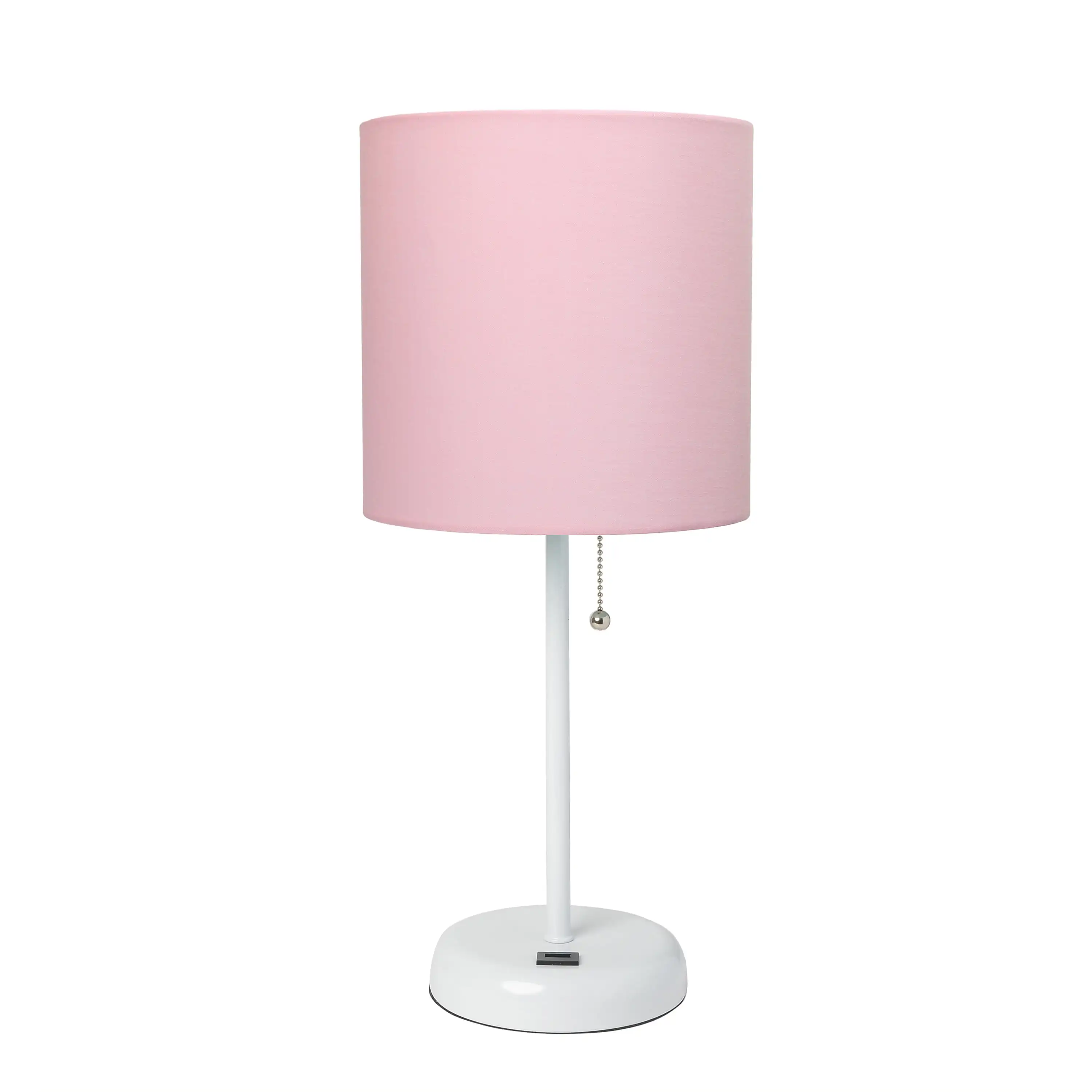

White Stick Lamp with USB charging port and Fabric Shade, Light Pink