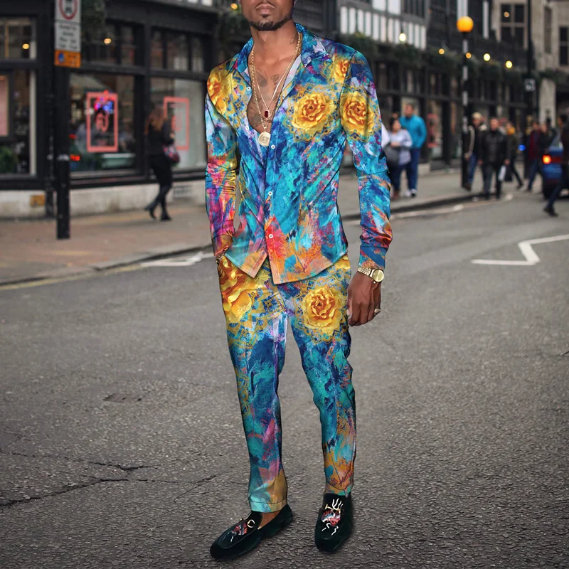 Spring Autumn Men Party Dress Shirt + Pants Fashion Flowers 3D Element Harajuku Cardigan Slacks S-4XL Oversized Men‘s Clothes