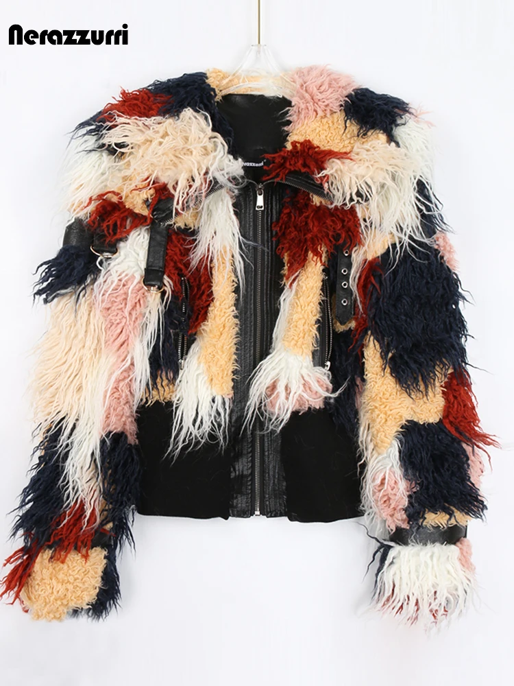 Nerazzurri зимнее стильное теплое пушистое пальто из искусственного меха красочное