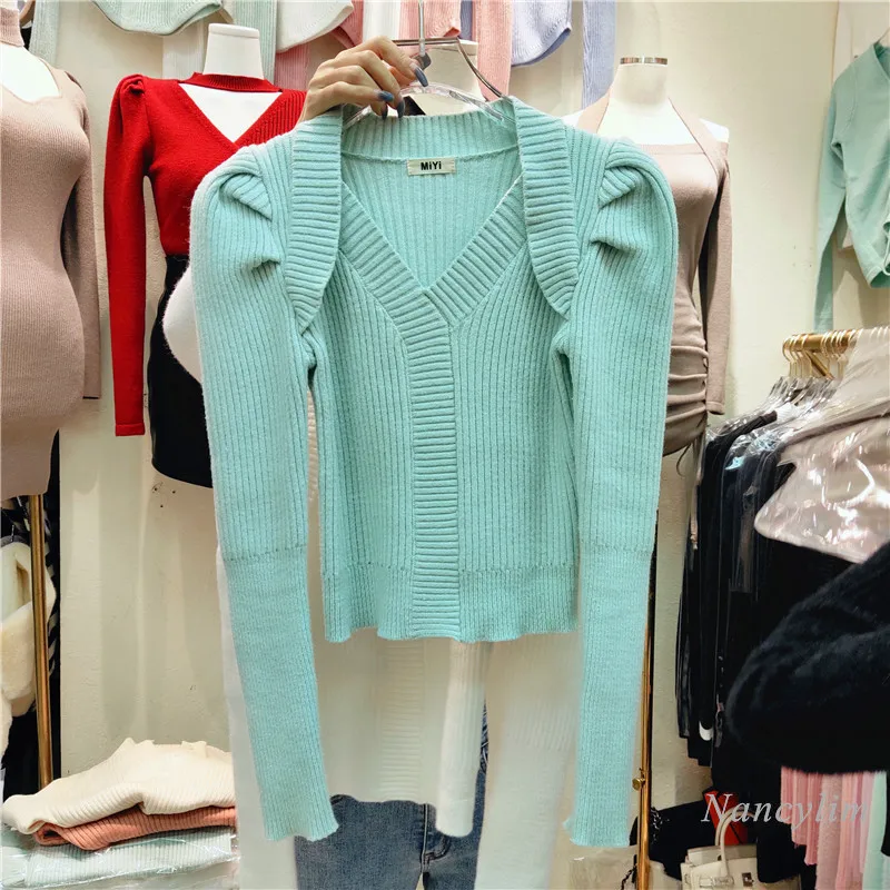 

Женский базовый свитер с V-образным вырезом, приталенный пуловер с пышными рукавами, топ, джемпер, популярные повседневные топы, весна-осень ...