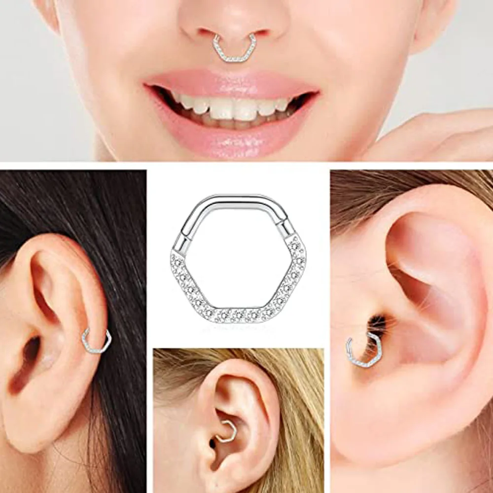 New Hexagon Nose Ring 316L Surgical Steel Piercing CZ Septum Clicker Segment Ear Tragus Cartilage Helix Daith Body Jewelry